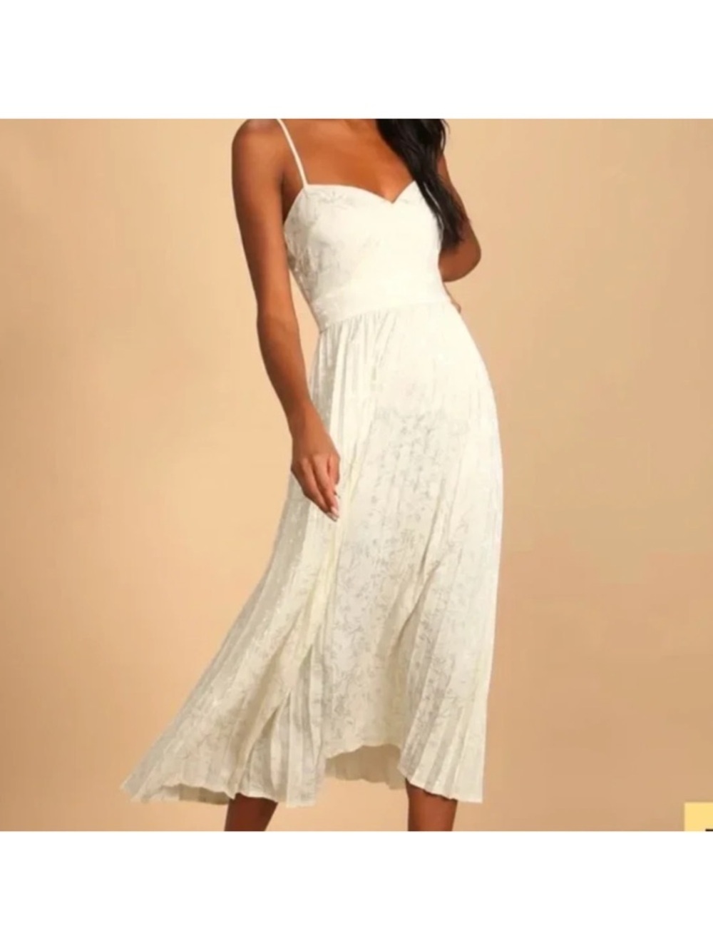 Lulus Regal Romance Ivory Floral Jacquard Pleated Satin Midi Dress, Sz small